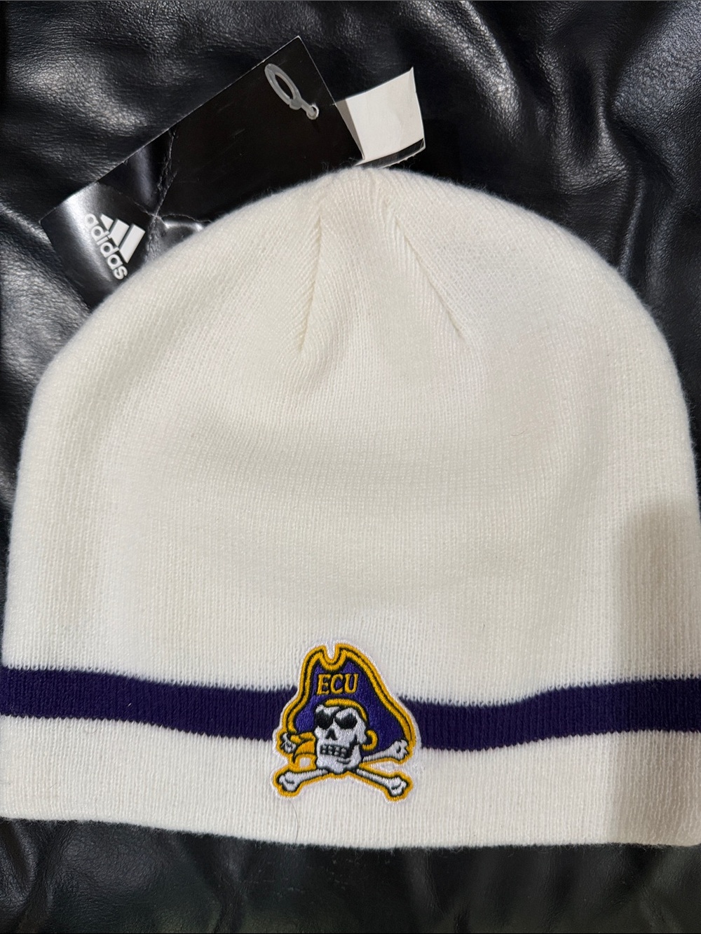 adidas White Beanie with Purple Stripe and ECU Pirate Patch